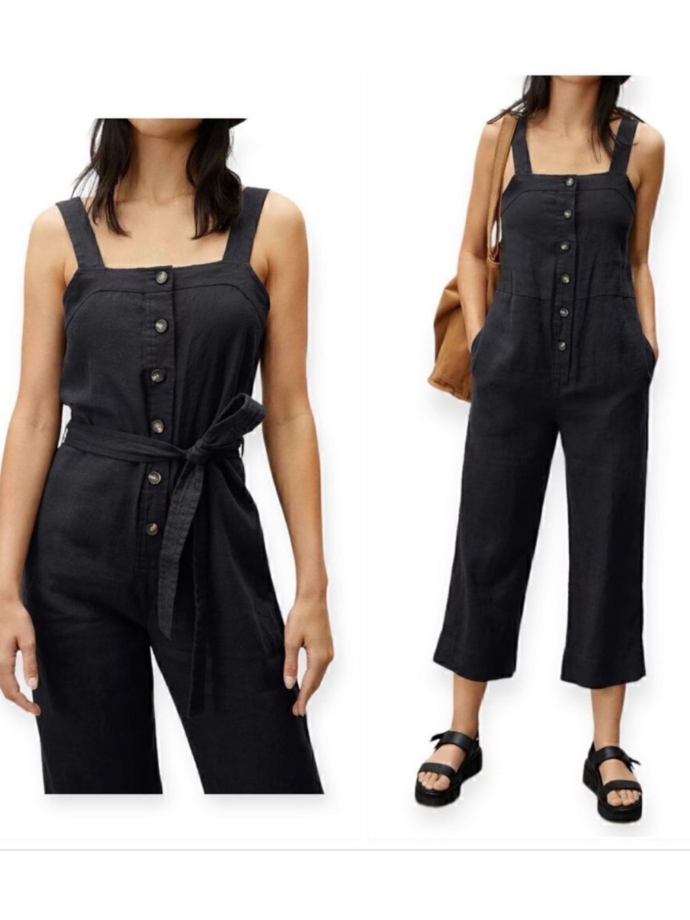 Everlane Black Button-Front Romper with Waist Tie
